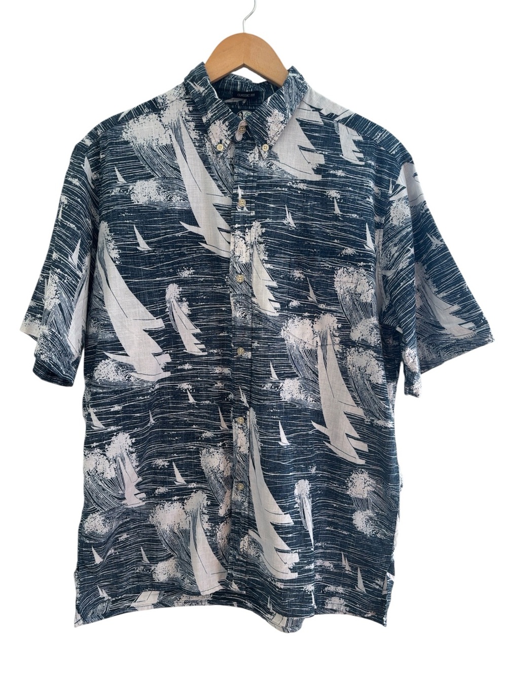 Vintage Reyn Spooner Reverse Print Mens Large Blue Sailboat Short Sleeve Shirt